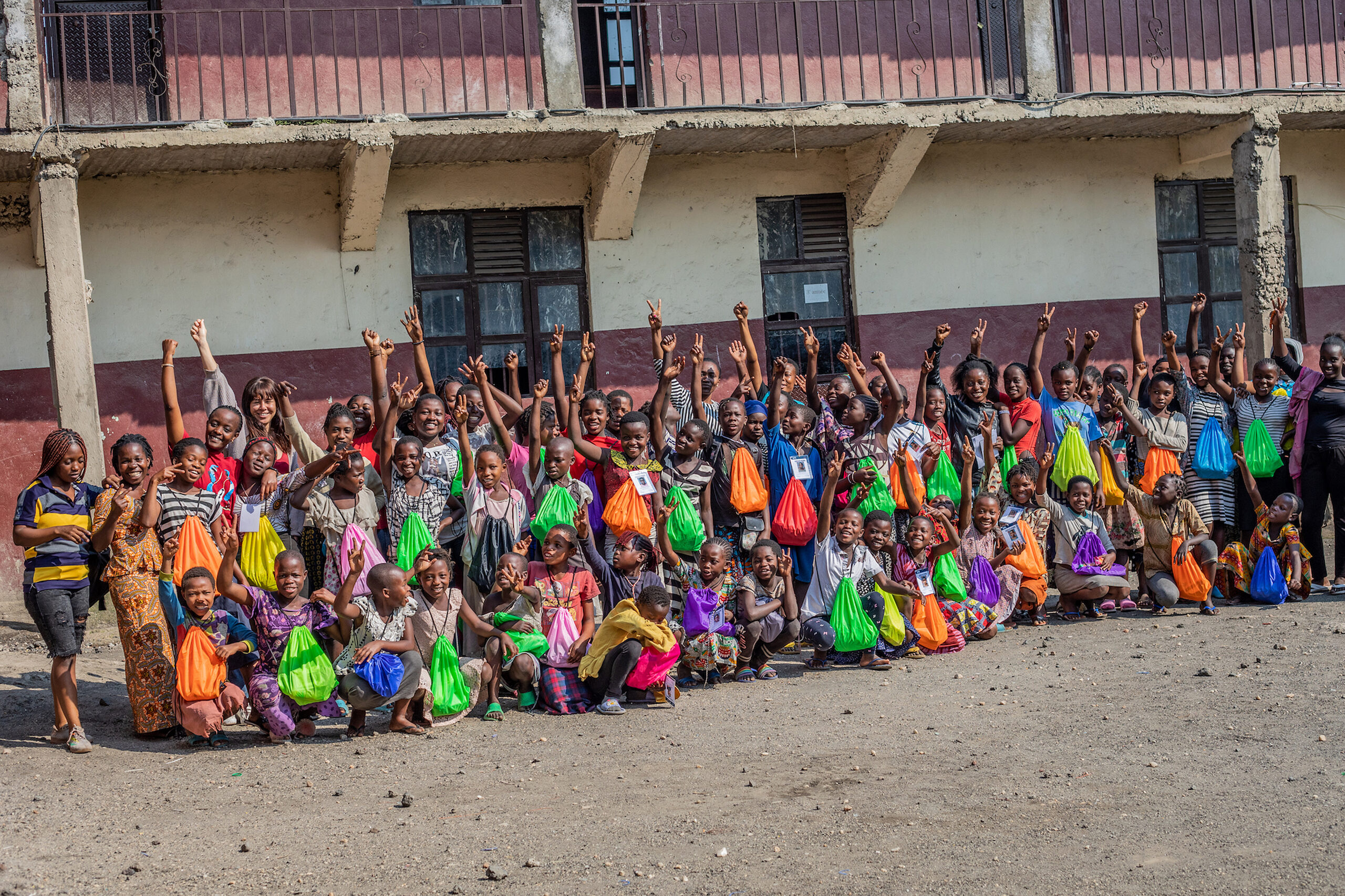 Girl's group who received feminine hygiene kits.